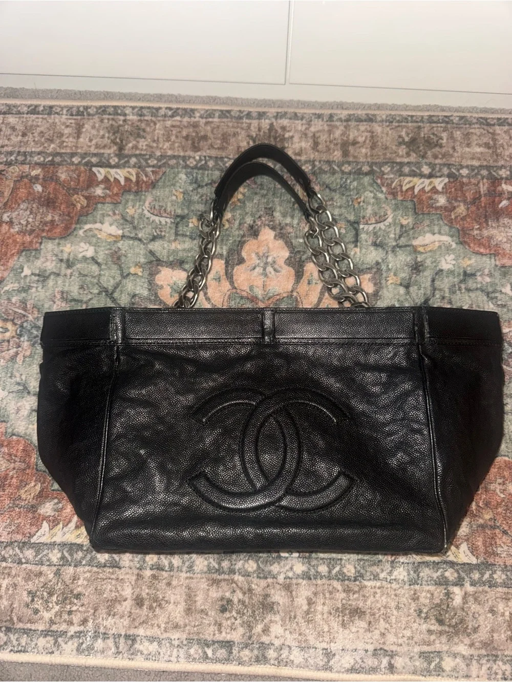 CHANEL Black Caviar Leather Shoulder Tote with Chain-Strap Handles